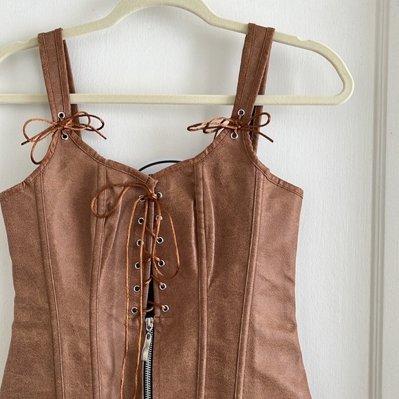 Leather-Look Bodice / Corset Top / Stays Brown Tan Fits Like XS / S Lace Up - Picture 5 of 14